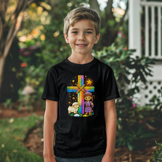 Jesus & Lambs Rainbow Cross Youth T-Shirt – Christian Gift for Kids