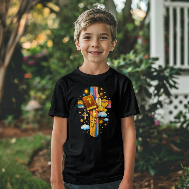 First Communion Rainbow Cross Youth T-Shirt – Christian Gift for Kids