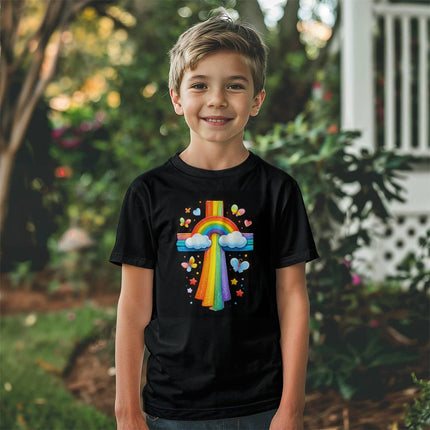 Rainbow Cross & Butterflies Youth T-Shirt – Christian Gift for Kids