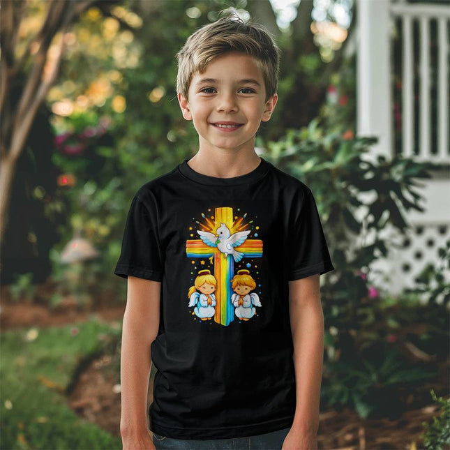 Dove & Angels Rainbow Cross Youth T-Shirt – Christian Gift for Kids