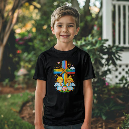 Jesus & Lambs Rainbow Cross Youth T-Shirt – Christian Gift for Kids
