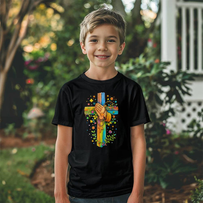 Praying Hands Rainbow Cross Youth T-Shirt – Christian Gift for Kids