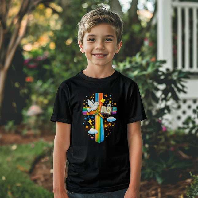 Jesus & Lambs Rainbow Cross Youth T-Shirt – Christian Gift for Kids