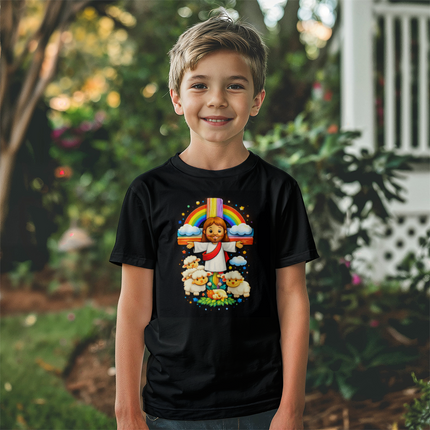 Jesus & Lambs Rainbow Cross Youth T-Shirt – Christian Gift for Kids