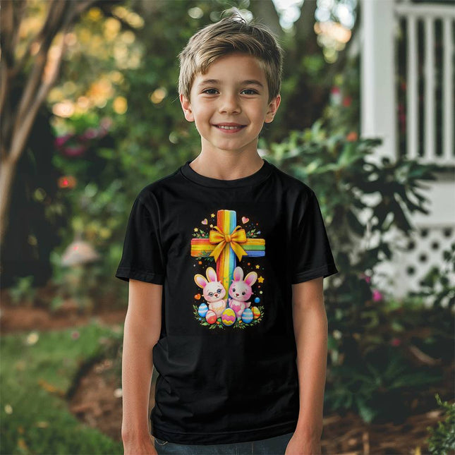 Easter Bunnies Rainbow Cross Youth T-Shirt – Christian Gift for Kids