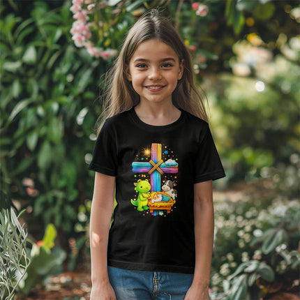 Jesus & Lambs Rainbow Cross Youth T-Shirt – Christian Gift for Kids