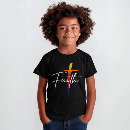 Faith Cross Youth T-Shirt | Christian Kids Tee (Unisex, White)