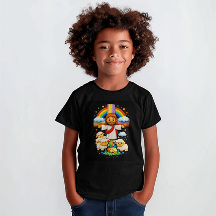 Jesus & Lambs Rainbow Cross Youth T-Shirt – Christian Gift for Kids