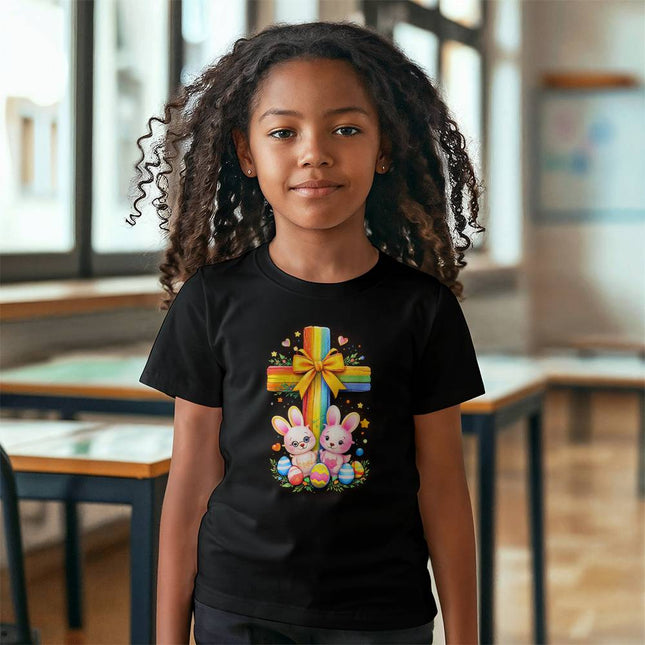 Easter Bunnies Rainbow Cross Youth T-Shirt – Christian Gift for Kids