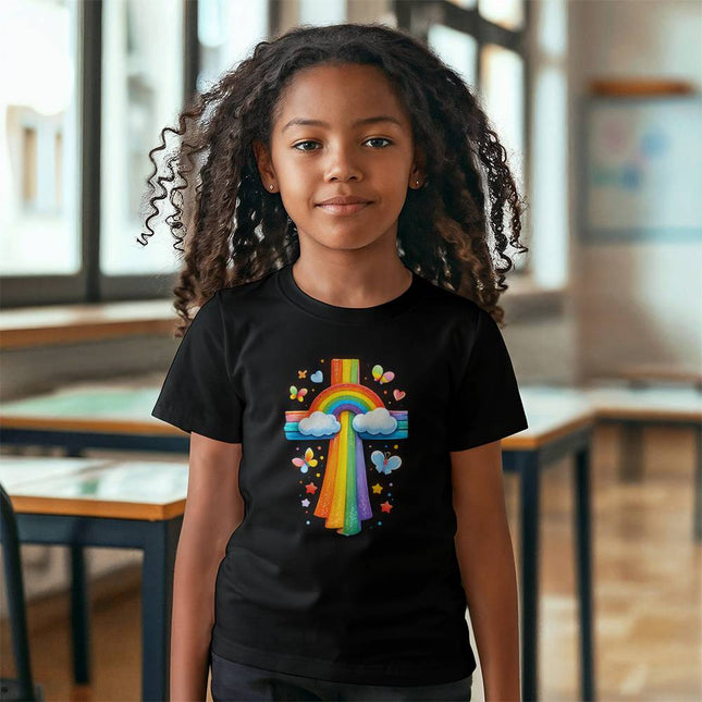 Rainbow Cross & Butterflies Youth T-Shirt – Christian Gift for Kids