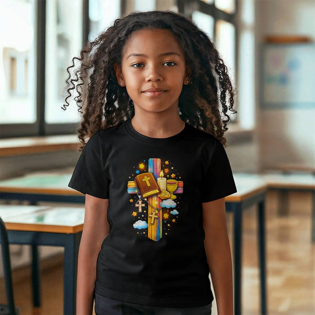 First Communion Rainbow Cross Youth T-Shirt – Christian Gift for Kids