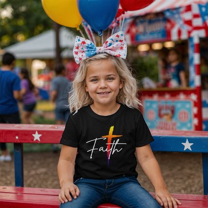 Faith Cross Youth T-Shirt | Christian Kids Tee (Unisex, White)