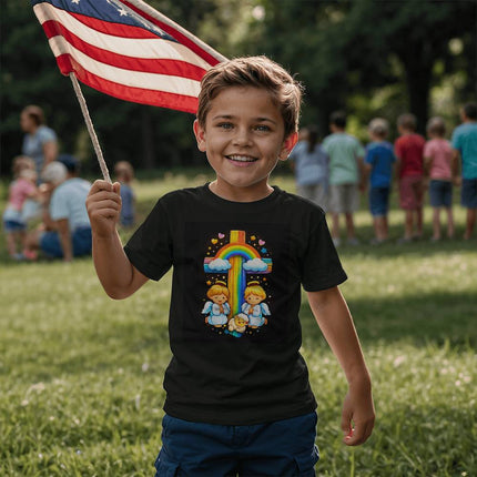 Jesus & Lambs Rainbow Cross Youth T-Shirt – Christian Gift for Kids