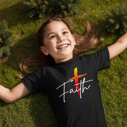 Faith Cross Youth T-Shirt | Christian Kids Tee (Unisex, White)