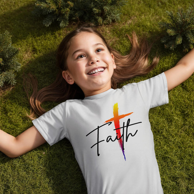 Youth Christian t-shirt with “Faith” cross design, unisex kids tee for church, youth group, school, and everyday wear, faith-inspired gift for kids