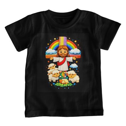 Jesus & Lambs Rainbow Cross Youth T-Shirt – Christian Gift for Kids