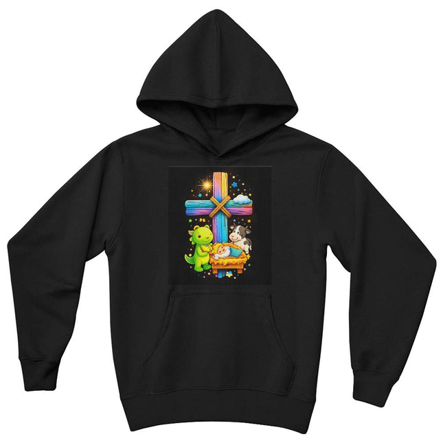 Baby Jesus & Dinosaur Rainbow Cross Youth Hoodie – Christian Gift for Kids