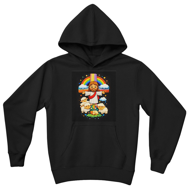 Cartoon Jesus & Lambs Rainbow Cross Youth Hoodie – Christian Gift for Kids