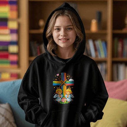 Angels & Flowers Rainbow Cross Youth Hoodie – Christian Gift for Kids