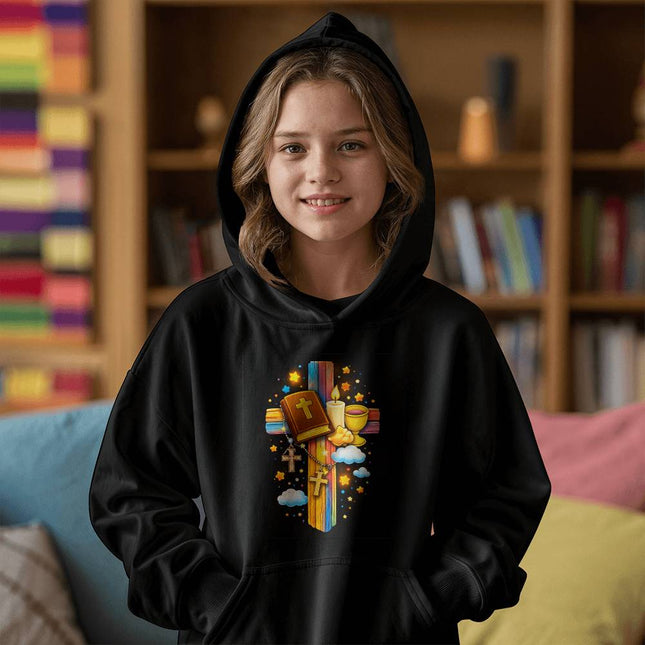 First Communion Rainbow Cross Youth Hoodie – Christian Gift for Kids