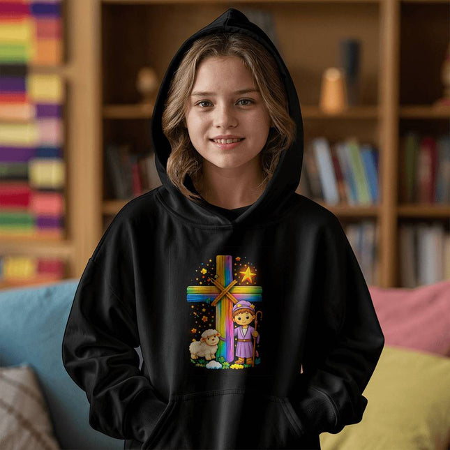 Little Shepherd & Lamb Rainbow Cross Youth Hoodie – Christian Gift for Kids