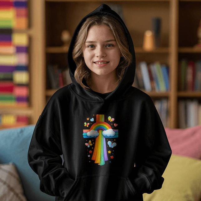 Rainbow Cross & Butterflies Youth Hoodie – Christian Gift for Kids