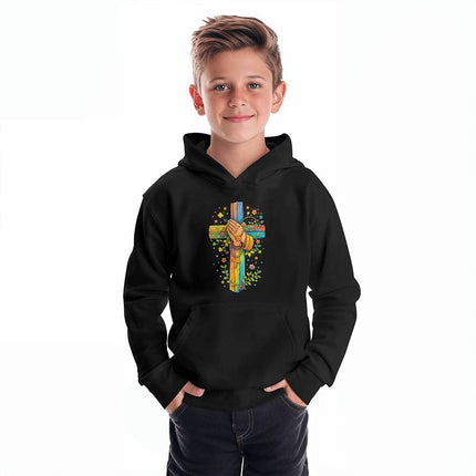 Praying Hands Rainbow Cross Youth Hoodie – Christian Gift for Kids