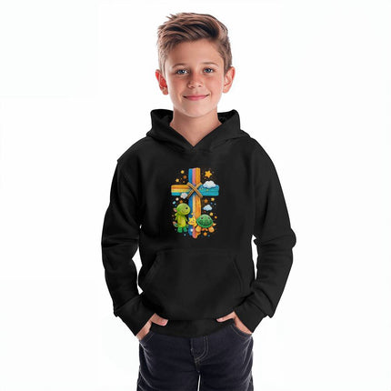 Dinosaur & Turtle Rainbow Cross Youth Hoodie – Christian Gift for Kids