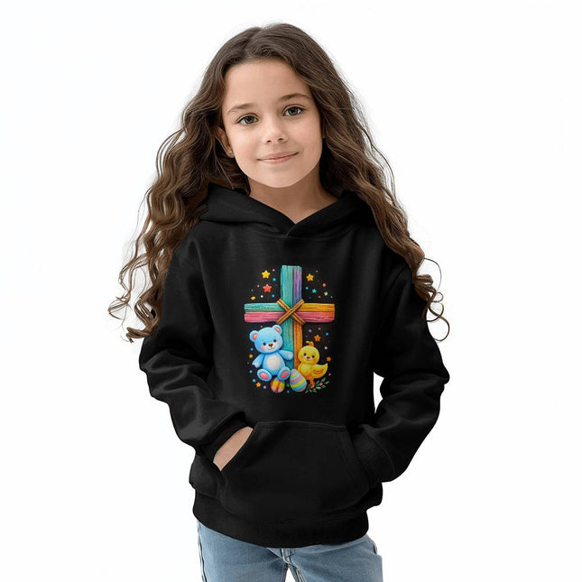 Teddy Bear & Easter Chick Rainbow Cross Youth Hoodie – Christian Gift for Kids
