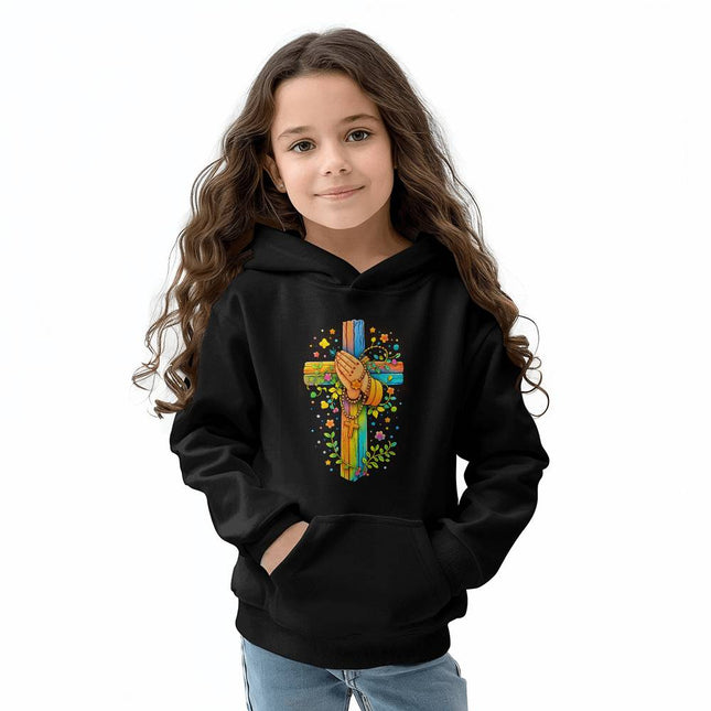 Praying Hands Rainbow Cross Youth Hoodie – Christian Gift for Kids