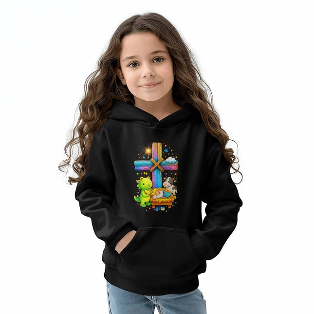 Baby Jesus & Dinosaur Rainbow Cross Youth Hoodie – Christian Gift for Kids