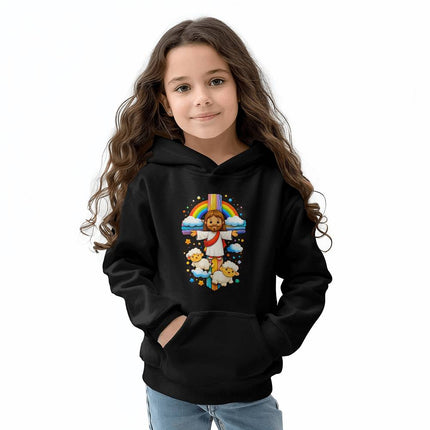 Jesus & Lambs Rainbow Cross Youth Hoodie – Christian Gift for Kids