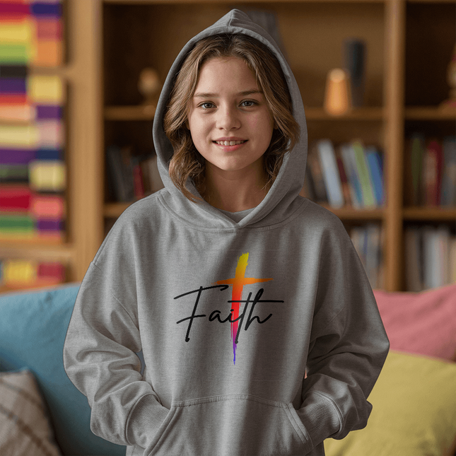 Youth Christian pullover hoodie with “Faith” cross design, unisex kids hoodie for church, youth group, school, and cozy everyday wear, faith gift for teens