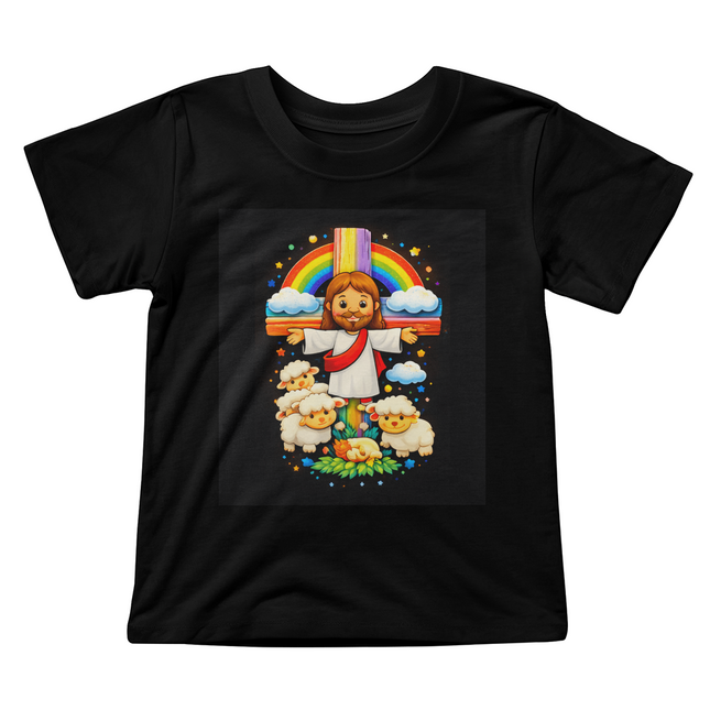 Cartoon Jesus & Lambs Rainbow Cross Toddler T-Shirt – Christian Gift for Kids
