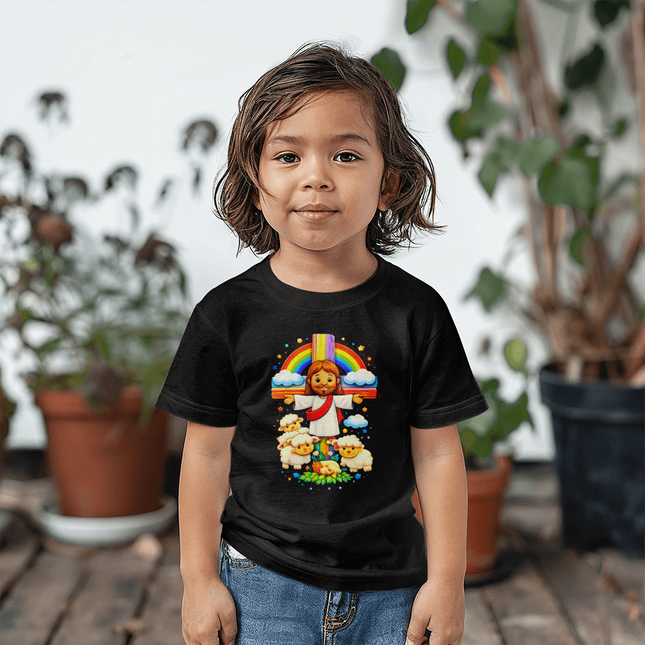 Cartoon Jesus & Lambs Rainbow Cross Toddler T-Shirt – Christian Gift for Kids