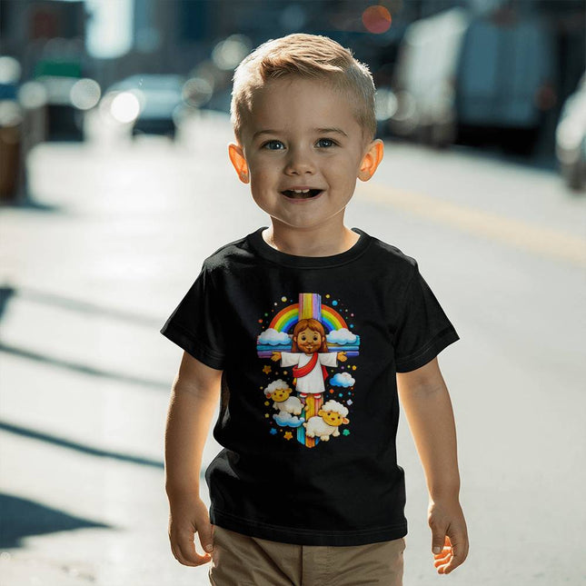 Jesus & Lambs Rainbow Cross Toddler T-Shirt – Christian Gift for Kids