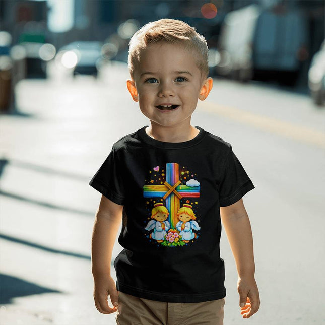 Angels & Flowers Rainbow Cross Toddler T-Shirt – Christian Gift for Kids
