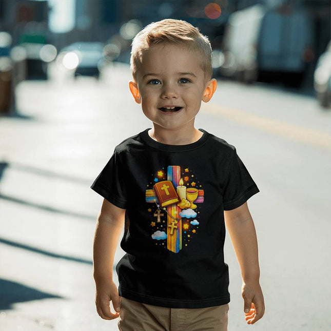 First Communion Rainbow Cross Toddler T-Shirt – Christian Gift for Kids