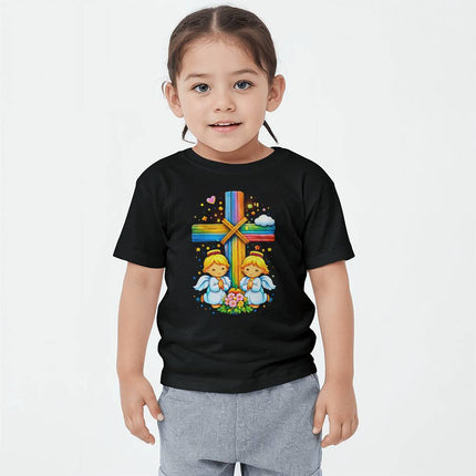 Angels & Flowers Rainbow Cross Toddler T-Shirt – Christian Gift for Kids