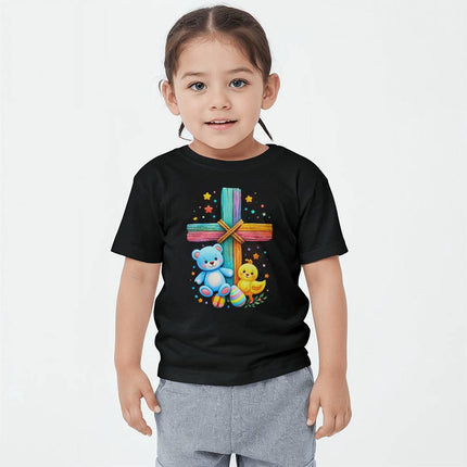 Teddy Bear & Easter Chick Rainbow Cross Toddler T-Shirt – Christian Gift for Kids