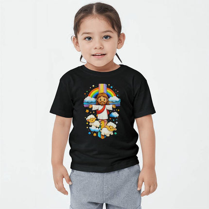 Jesus & Lambs Rainbow Cross Toddler T-Shirt – Christian Gift for Kids