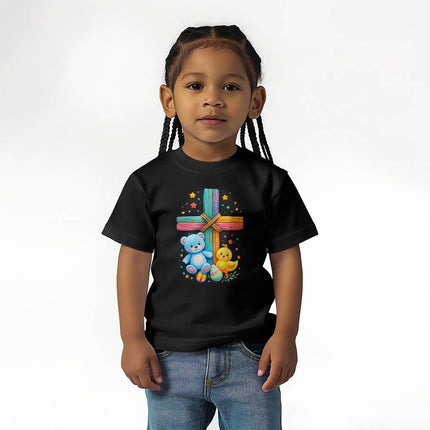 Teddy Bear & Easter Chick Rainbow Cross Toddler T-Shirt – Christian Gift for Kids