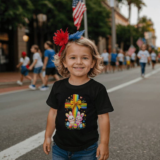 Easter Bunnies Rainbow Cross Toddler T-Shirt – Christian Gift for Kids