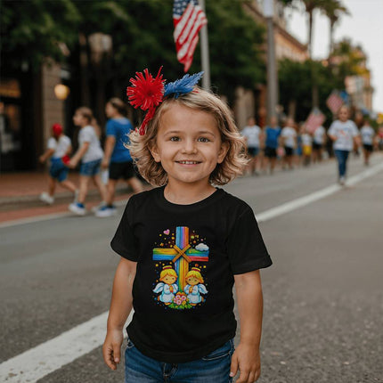 Angels & Flowers Rainbow Cross Toddler T-Shirt – Christian Gift for Kids