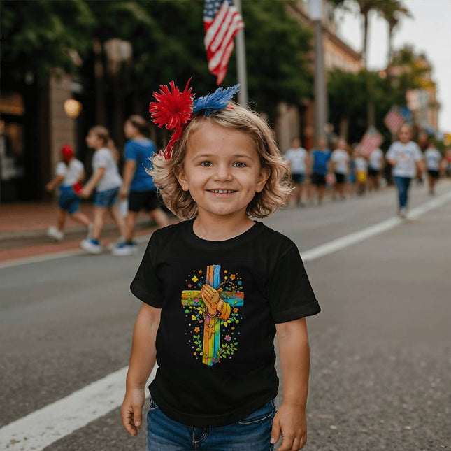 Praying Hands Rainbow Cross Toddler T-Shirt – Christian Gift for Kids