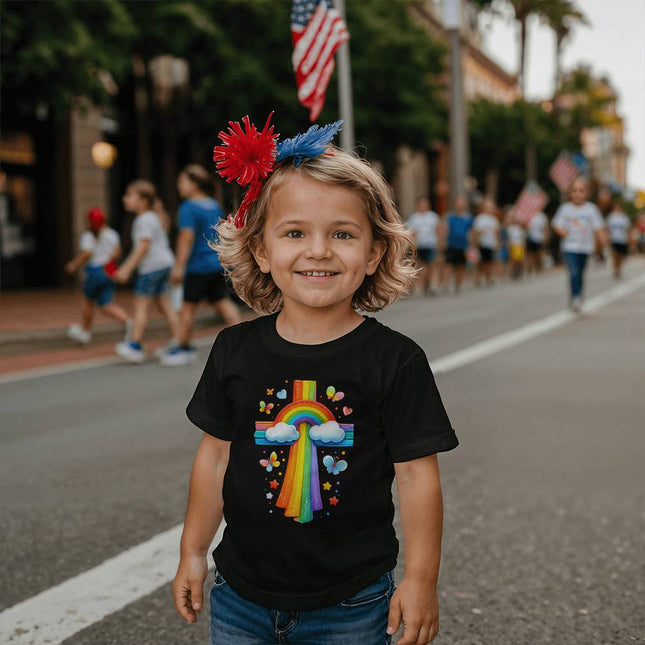 Rainbow Cross & Butterflies Toddler T-Shirt – Christian Gift for Kids
