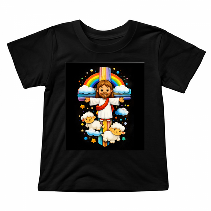Jesus & Lambs Rainbow Cross Toddler T-Shirt – Christian Gift for Kids