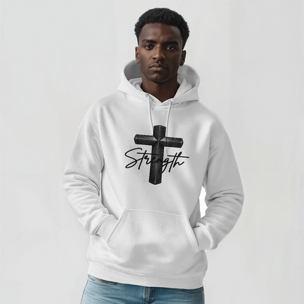 Man wearing a white pullover hoodie with a front pocket, featuring a large black cross graphic and the word Strength in script across the chest.