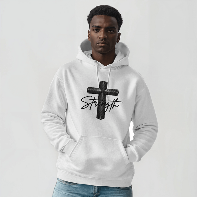 Man wearing a white pullover hoodie with a front pocket, featuring a large black cross graphic and the word Strength in script across the chest.