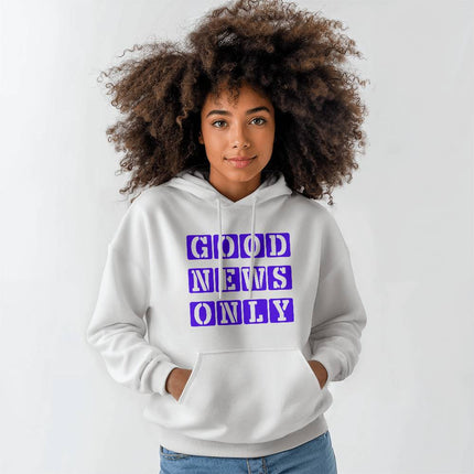 White Christian hoodie with good news only text in purple block lettering – unisex faith hooded sweatshirt